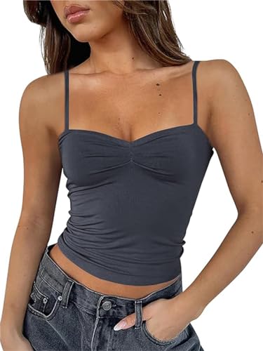 ForeFair Women Y2K Sweetheart Neck Sleeveless Crop Tank Tops Backless Spaghetti Strap Pleated Bustier Camis Going Out Top(S,Dark Grey)