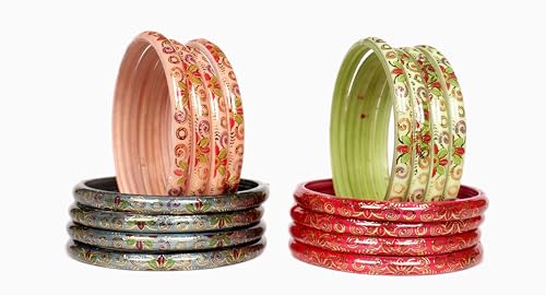 Image of Swara Creations Red Green Mehrun Yellow Bangles for Women /Digital Prints Bangles /Light Shiny Prints /Glass Bangles (16Pcs)(SKU270)