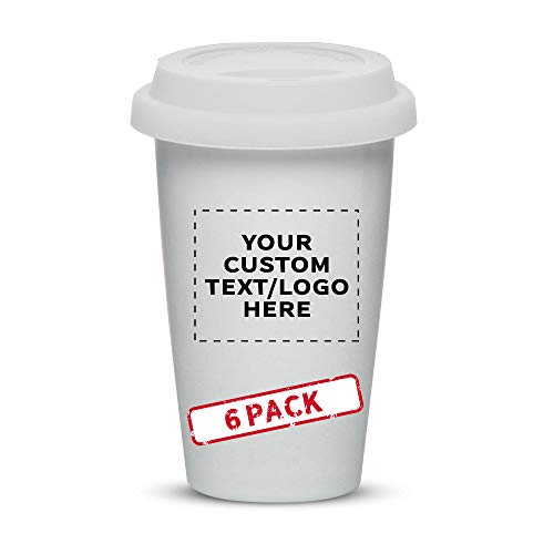 Personalized Ceramic Coffee Travel Mugs: Stylish, Durable, and Perfectly Customizable 8 Personalized 11 oz. Double Wall Ceramic Tumblers with Lid - 6 Pack - Custom Text, Logo - White