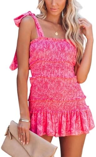 yoeasy Women Spaghetti Floral Print Tiered Tie Slim Fit Short Dresses Summer Sleeveless Ruffle Smocked Mini Dress, Red, S