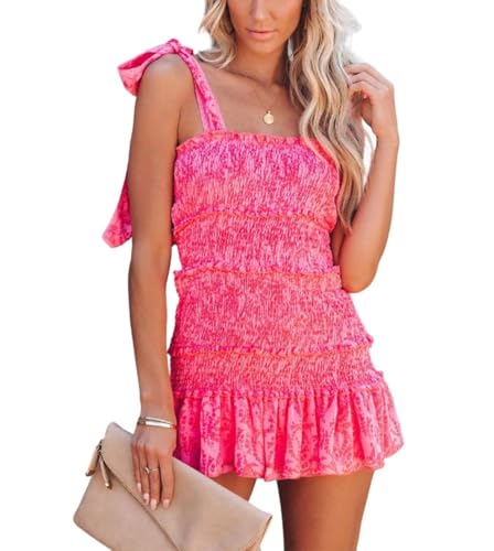 Image of yoeasy Women Spaghetti Floral Print Tiered Tie Slim Fit Short Dresses Summer Sleeveless Ruffle Smocked Mini Dress