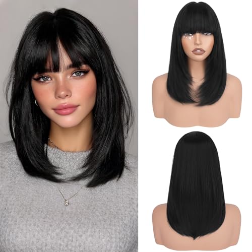 Haloo Black Bob Wigs with Bangs Shoulder Length Straight Natural