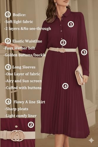 Image of Business Casual Shirt Dress for Women Long Sleeves Pleated Midi Dresses with Belt