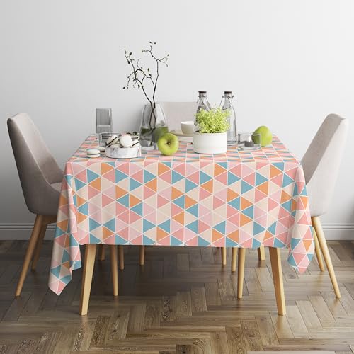 Image of Encasa XO Printed Table Cloth 4.6 ft for 4 Seater Dining Table, 100% Silky Polyester, Machine Wash to Remove Food Stains, Non-Fading, Non-Shrinking, Cheap & Durable - Big Triangles Apricot