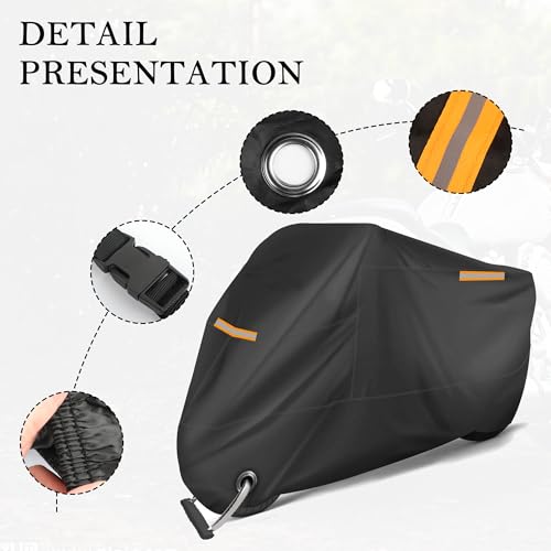 Large Motorcycle Cover Waterproof Outdoor with Reflective Strips,Heavy Duty Motorcycle Covers Fits up to 104\" Long with Storage Bag & Lock-Holes,Universal Motorcycle Rain Cover
