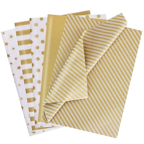 BEISHIDA 100 Sheets Gold and White Tissue Paper Bulk Gold Dots Star Twill Stripes Print Wrapping Tissue Paper for Gift Bags 14 x 20 Inch Gift Wrap for Birthday Wedding Christmas DIY Crafts