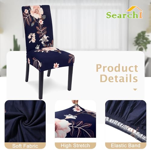 Image of SearchI Chair Covers, Set of 6, Spandex Super Fit Stretch Removable Washable Kitchen Parsons Chair Protector for Dining Room,Hotel,Ceremony, Navy+Flowers