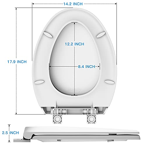 Durable Elongated Toilet Seat with Slow Soft Close - Easy to Install and Clean, Never Loosens - White, Fits Most Elongated Toilets