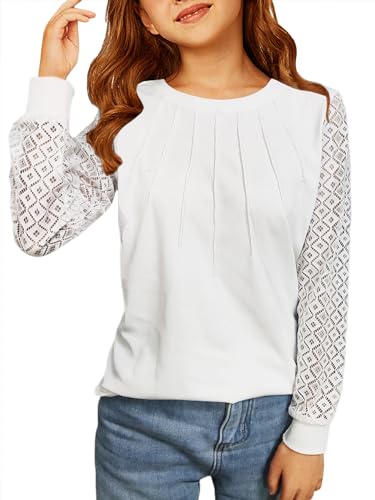 Girls Long Sleeve Shirts Casual Crewneck Blouses Tops Cotton Girls Shirts with Lace Sleeve Tunics 9-14 Years2