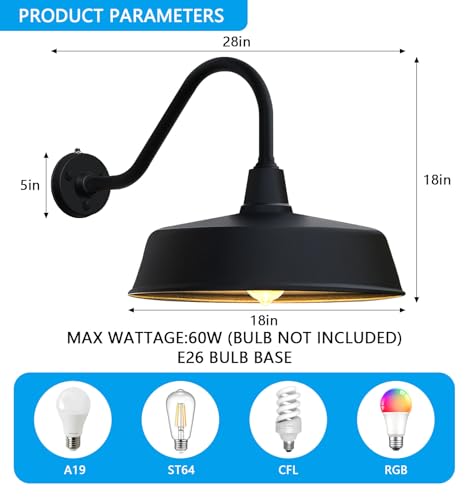 Image of JOESA Large 18 inch Outdoor Gooseneck Barn Light 2-Pack, Dusk to Dawn Farmhouse Wall Light Fixture for Porch and Garage, Classic Exterior Barn Light, Weather Resistant