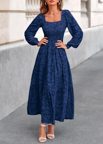 KIRUNDO Wedding Guest Dresses for Women 2026 Fall Long Sleeve Smocked Floral Flowy Spring Baby Shower Maxi Dress Pockets (Navy, X-Large) — view 4