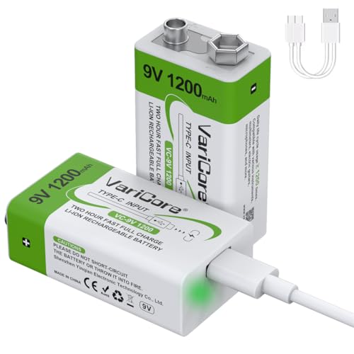 VariCore 1200mAh Rechargeable 9V Batteries USB C 2PCS,9 Volt USB Lithium-ion Batteries,USB C 9V Battery,Long Lasting 1200 Cycles, for Smoke Alarms,Multimeters,Microphones