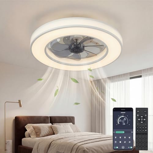Image of XEMQENER Ceiling Fans with Lights and Remote, 6 Speeds and Dimmable LED Ceiling Fan Light, Low Profile Modern Fan Lamp for Bedroom Living Room Dining Room(41.5cm)