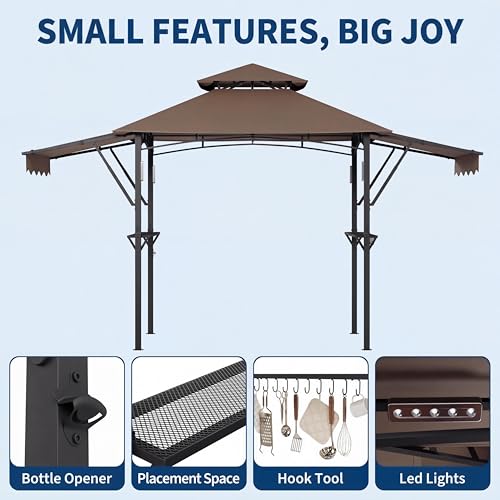 8x5 ft Grill Gazebo with Adjustable Dual Side Awnings, 2-Tier BBQ Gazebo Grill Shelter with 2 Handy Shelves, Hooks, 4 LED Lights & Ceiling Hook, Steel Frame BBQ Canopy for Backyard Garden, Brown by PeakPursuit - Image 5