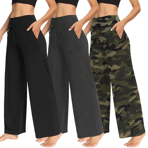 TNNZEET 3 Pack Women's Wide Leg Pants with Pockets - Casual Loose Yoga Trouser Pants Sweatpants Palazzo Lounge Pajama Pants