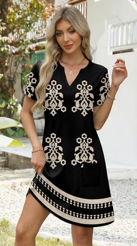 Image of WIHOLL Summer Dresses for Women Casual V Neck Wedding Guest Dress Hawaiian Midi Dress Fashion Beach Vacation Clothes