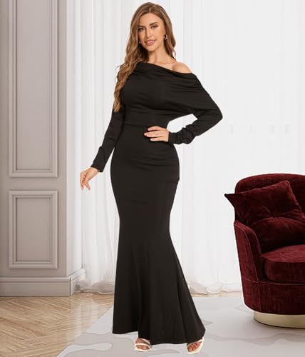 Women's Sexy Off Shoulder Bodycon Maxi Dresses Casual Short Sleeve Mermaid Club Party Long Dress4