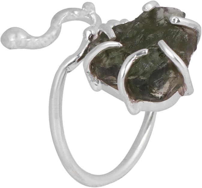 Authentic Rough Moldavite Ring 925 Sterling Silver Natural Green Czech Crystal Healing Stone Women's Statement Ring Gift for Her