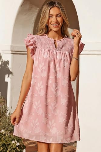 Image of Dokotoo Womens Summer Dresses 2026 Ruffle Short Sleeve Casual V Neck Smocked Floral Burnout Mini Dress Sundress