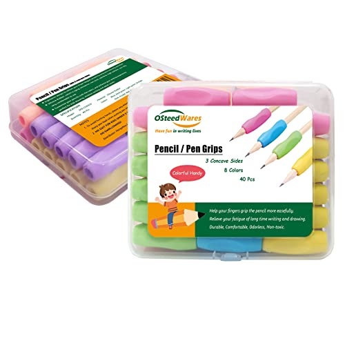 Osteed Ergonomic Silicone Pencil Grips 40 Pcs For Kids And Adults Handwriting, 8 Colors Gel Pen Grips With 3 Concaves #TOP7