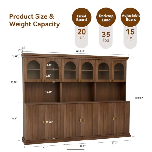 Image of ivaniti 71 inch Farmhouse Kitchen Pantry Cabinet Set of 3 with Arched Glass Doors, Dark Brown Freestanding Coffee Bar Hutch with Microwave Stand and Adjustable Shelves for Kitchen