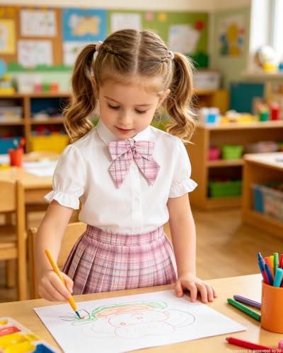Image of Betusline Girls Skirt Set JK School Uniform 2-Piece Outfit - Short Sleeve Shirt with Bow & Pleated Skirt 4T-14Y