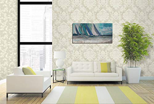 Arjun Blue Abstract Wall Art Canvas for Living Room Teal Ocean Sailboat Textured Bedroom Picture Modern Turquoise Coastal Nautical Painting Framed Artwork Home Office Wall Decor, Extra Large 58"x29" - Image 2