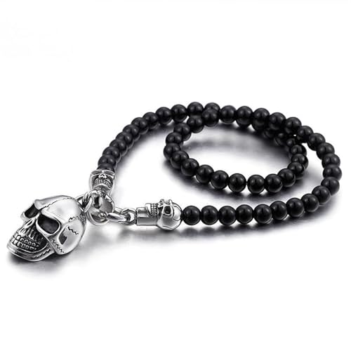 Collier homme crâne pierre noire JewelryWe en acier et perles