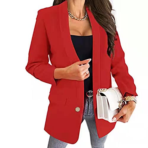 Womens Casual Blazers Open Front Long Sleeve Button Lapel Collar Work Office Jacket Plain Slim Blazer Coat Outerwear Red #TOP30