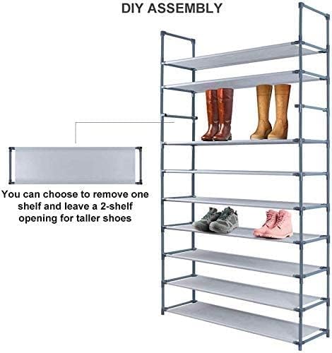 10-Tier Shoe Rack with 50-Pair Capacity - Non-Woven Fabric/Metal Shoe Shelf Tower Organizer for Closets, Entryways & Garages - Gray