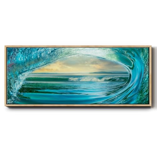 Renditions Gallery Floater Frame Nature Paintings Big Wave' Ocean's Eye Abstract Wall Art Prints for Dining Living Room Decor - 24"x60" Natural Frame LT619