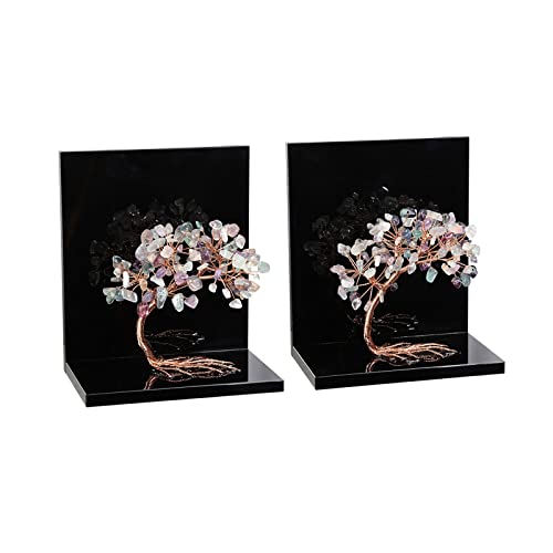 SUNYIK 2PCS Acrylic Fluorite Money Tree Bookend for Shelves Handmade Tree of Life Book Shelf Decorative Book Ends for Heavy Books Office Home