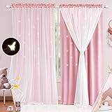 2 Panels Pink Curtains for Girls Bedroom Kids Curtains 52 x 84 inch Long Black Out and Sheer Curtains Rod Pocket Double Layer Butterfly Cutout Room Darkening Curtain Panels for Nursery, Living Room
