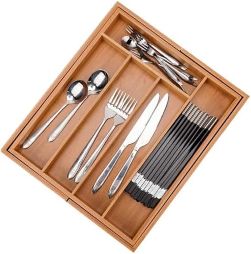 Hrzisda竹製伸縮ナイフボックス 引き出し仕切りボックス 家庭用ナイフスタンド キッチン用品収納ラック キャビネット用カトラリー収納ボックス