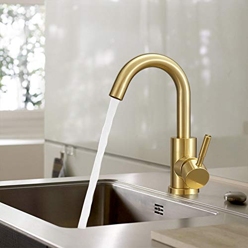 Hoimpro Modern Single Handle Wet Bar Sink Faucet With 6 Inch Cover Plate, Single Hole Bathroom Lavatory Faucet,Rv Small Bathroom Sink Faucet,Bar Vanity Faucet,Brushed Gold #TOP4