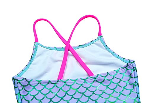 Image of Girls 1 Piece Sport Swimsuits with Cross Back Strap Colorful Fish Scales Print and Two Cute Bow Decorations