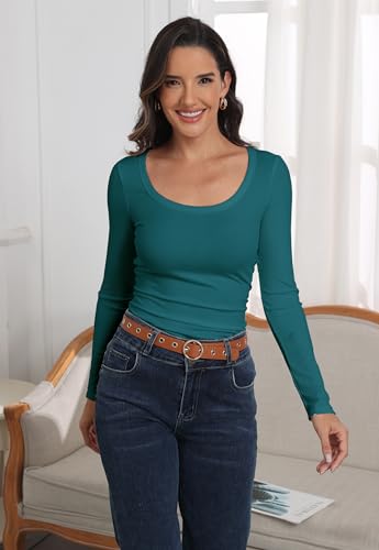 Image of Roselux Womens Long Sleeve Scoop Neck Ribbed Knit Fitted Casual Tops Tee Slim Basic Shirts