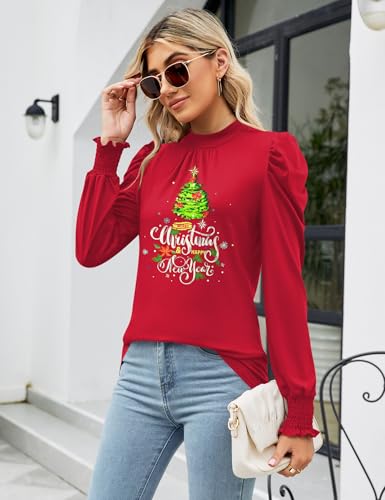 Image of LUYAA Puff Long Sleeve Shirts for Women Tops Dressy Casual Frill Mock Neck Smocked Cuffs Blouses