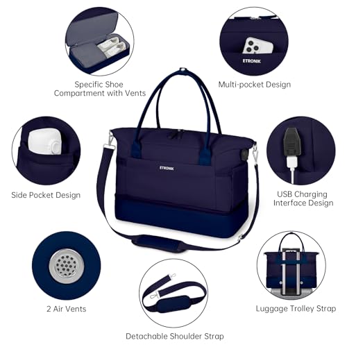 ETRONIK Weekender Bags for Women, Canvas Travel Bag 2 Pcs Set with USB Charging Port, Duffle Bag with Shoe Compartment, Carry on Overnight Bag for Women Travel, Dark Blue3