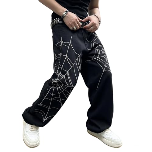 QGRSWBC Men's Hip-hop Jeans Embroidered Baggy Pants Relax Fit Denim Trousers Spiderweb Graphic Jean Black XS