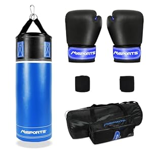 MSPORTS Professional Boxsack-Set Blau-Schwarz 70x25cm