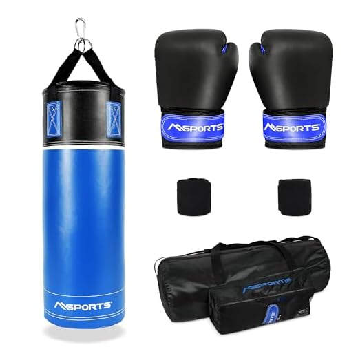 MSPORTS Boxsack-Set Professional für Kinder und Jugendliche 70 x 25 cm, Box-Set mit Boxhandschuhen, Boxbandagen und Tasche - 12 kg Blau-Schwarz Boxset