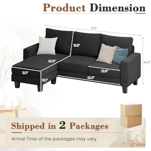 image for Homall Sofa for Living Room, Couch with Convertible Chaise, 3 Seat L-S