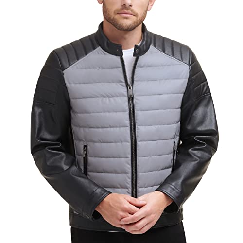 Image of DKNY Men's Mixed Media Faux Leather Puffer Motocross Racer Jacket