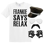 Adults 80s Pop Star Costume - X-Large - White Slogan T-Shirt, Leather-Look Biker Cap, Studded Gloves, Sunglasses, Black Moustache - Mens 1980s Music Icon Best of British Party Fancy Dress Costume