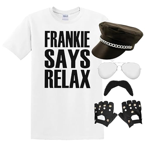 Adults 80s Pop Star Costume - XX-Large - White Slogan T-Shirt Leather-Look Biker Cap Studded Gloves Sunglasses Black Moustache - Mens 1980s Music Icon Best of British Party Fancy Dress Costume