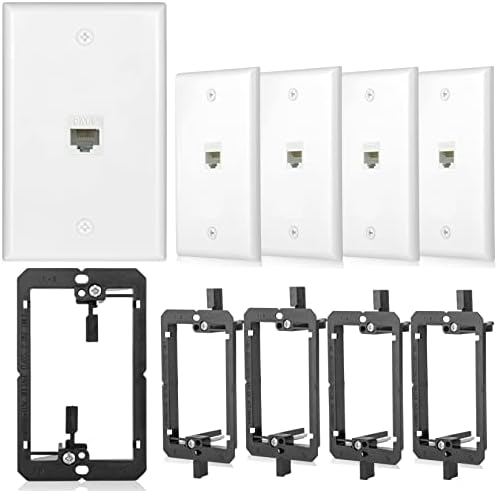 5 Pack Ethernet Wall Plate RJ45 Cat6 Keystone Jack Network Outlet White 1 Port 2 Inline Coupler Connector Box Cover with Low Voltage Mounting Bracket Internet Interconnect Panels Cable