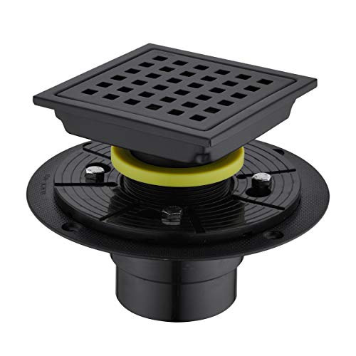 Orhemus 4 Inch Square Shower Drain with Adjustable Shower Drain Base Flange, SUS 304 Stainless Steel Floor Drain with Removable Cover Grid Grate, Matte Black