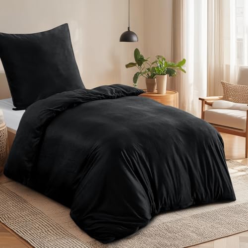 Aisbo Winter Plüsch Bettwäsche 155x220 2teilig Schwarz - Flanell Flauschige Warme Bettbezug und Kissenbezug 80x80 cm… – Ansicht 2