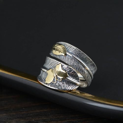Two Tone 925 Sterling Silver Feather Ring Golden Butterfly Leaf for Women Men Open Adjustable4